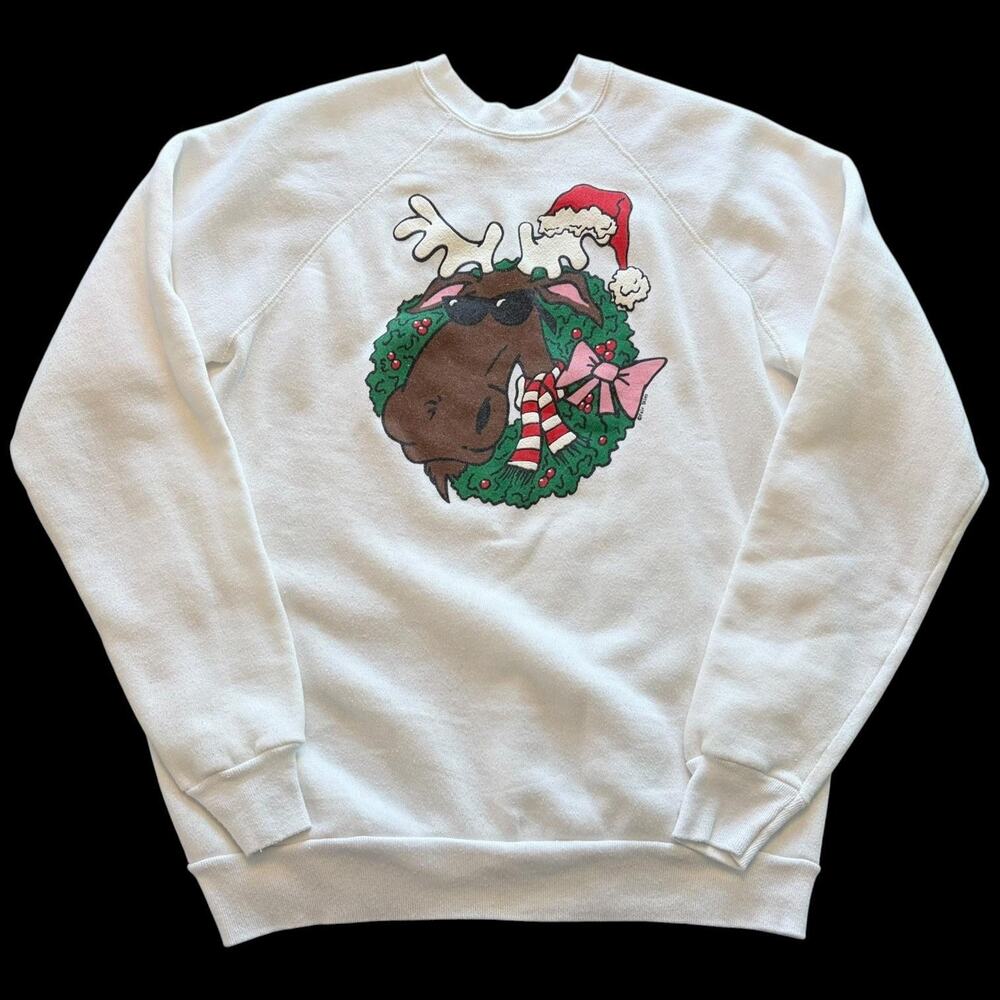 Vintage Tultex Sweatshirt Mens XL White Moose Christmas Wreath Fleece USA 90s